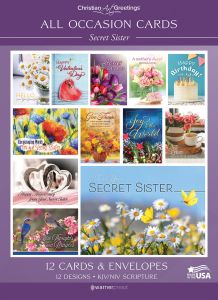 All Occasion Cards – Secret Sister – 12 Cards with KJV Scripture – Assorted Greeting Cards 